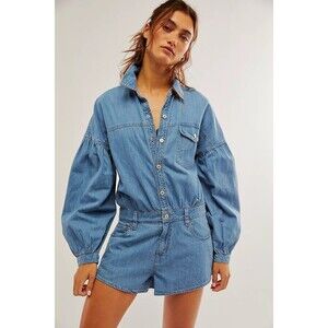 Free People We The Free Zodiac Chambray One-Piece Romper Blue Cotton S 286039